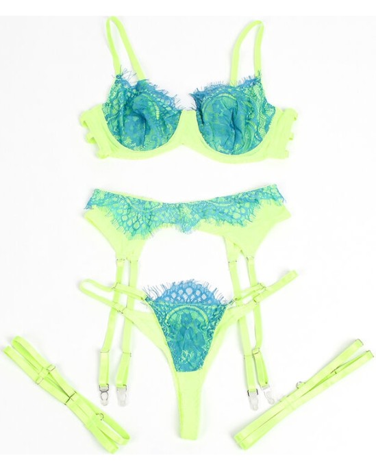 Subblime Sets SUBBLIME - 955328 BRA SET WITH LACE AND GARTER LINES GREEN AND BLUE L/XL