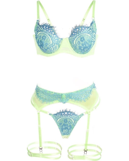 Subblime Sets SUBBLIME - 955328 BRA SET WITH LACE AND GARTER LINES GREEN AND BLUE L/XL