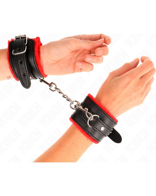 Kink Wrist Restraint KINK - PREMIUM FUR LINED WRIST RESTRAINTS RED WITH BLACK BELT ADJUSTABLE 17-29 CM X 6 CM