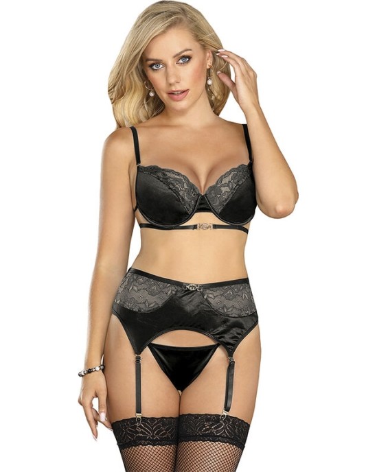 Subblime Sets SUBBLIME - SET OF 3 PIECES BRA + THONG + LACE GARTER BLACK S/M