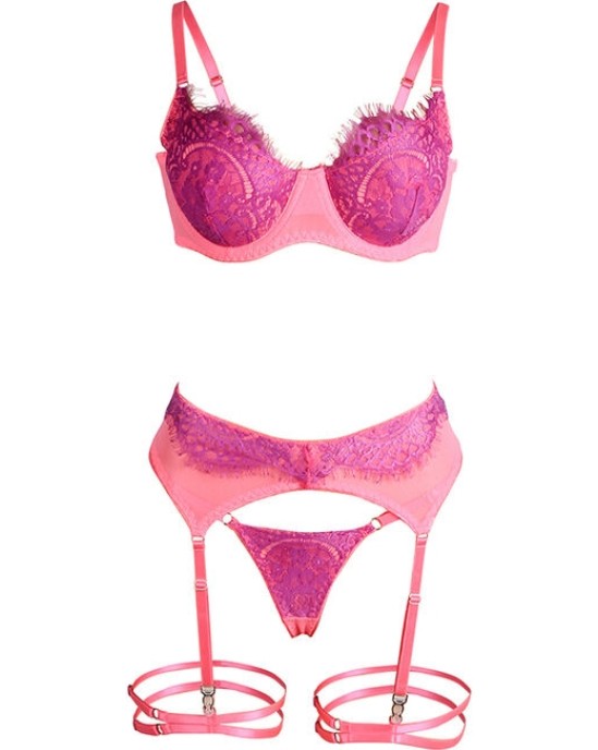 Subblime Sets SUBBLIME - 955366 BRA SET WITH LACE AND GARTER LINES PINK AND PURPLE L/XL