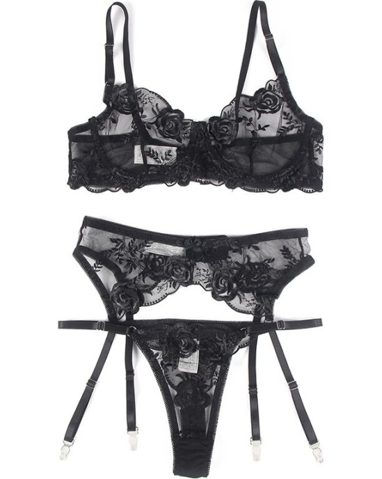 Subblime Sets SUBBLIME - SET OF 3 PIECES BRA + THONG + GARTER FLORAL PRINT BLACK S/M
