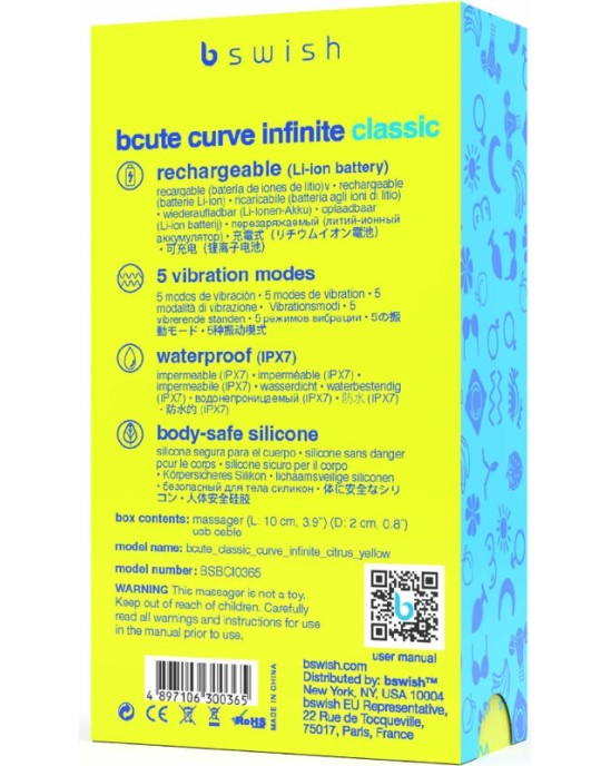 B Swish BCUTE CURVE INFINITE CLASSIC RECHARGEABLE SILICONE VIBRATOR YELLOW