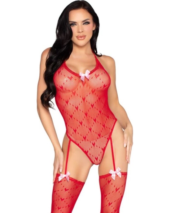 Leg Avenue Teddies LEG AVENUE - 89360 OPEN BACK BODYSUIT WITH GARTER BELT RED - ONE SIZE
