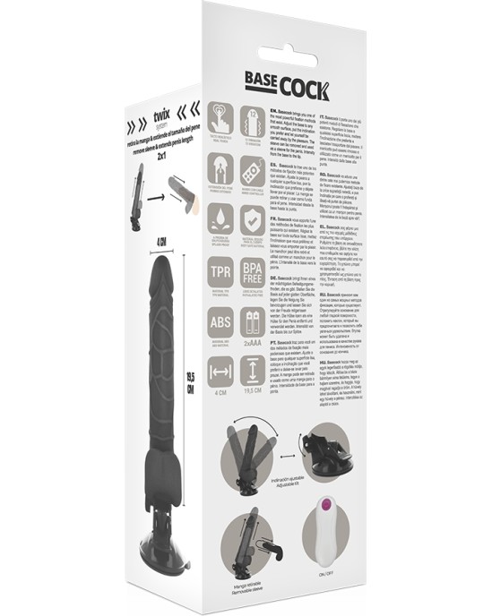 Basecock Reālistisks vibrators ar sēkliniekiem un pulti 19,5cm melns