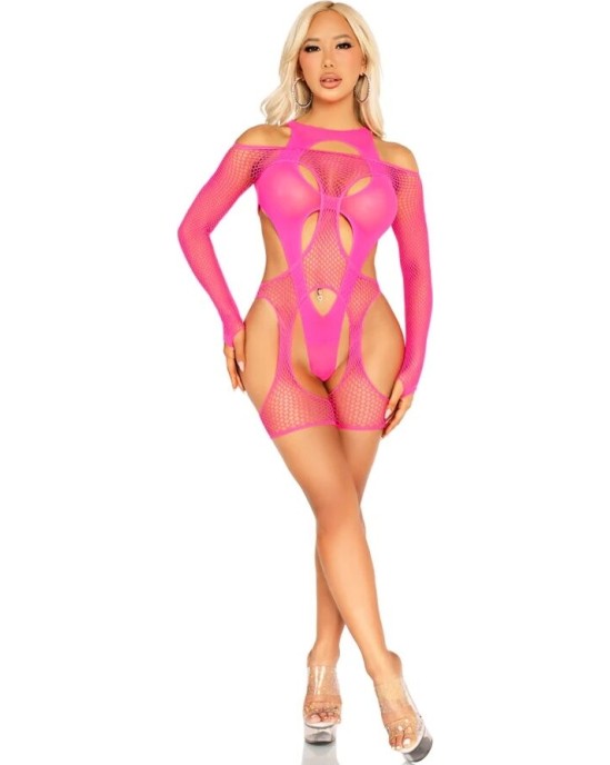Leg Avenue Teddies LEG AVENUE - FISHNET BODYSTOCKING WITH GARTER BELT AND HARNESS NEON PINK