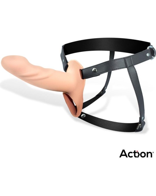 Action Strap-On with Hollow Dildo Premium Silicone Size L Flesh