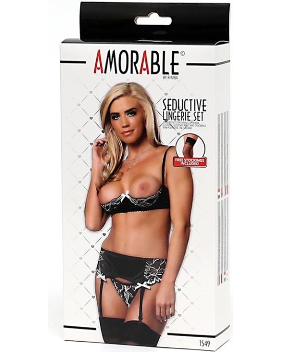 Amorable 4 Pieces Set Open Bra, Thong, Garter and Stockings