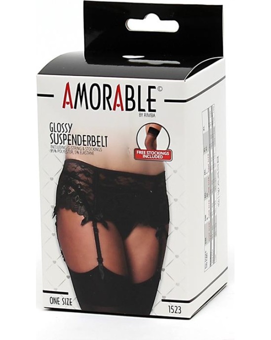 Amorable Garter Belt with Thong and Stockings Black