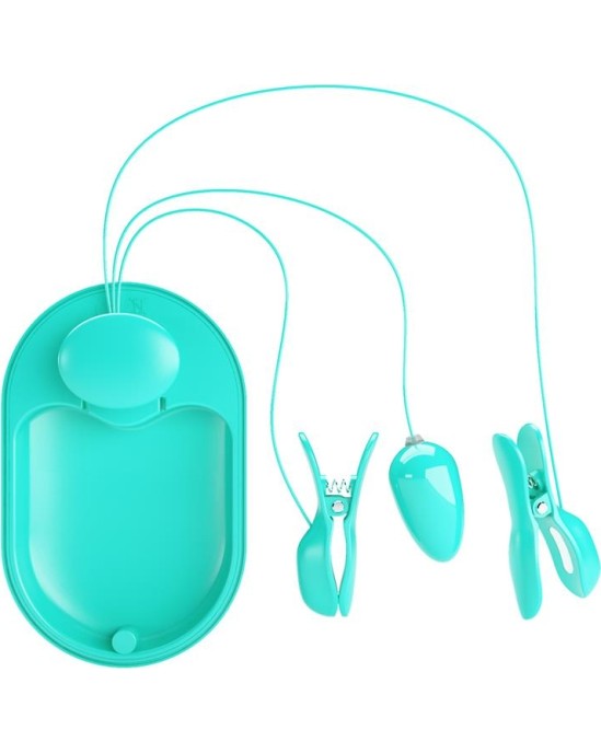 Prettylove Surprise Box Vibrating Egg with Electric Shock Nipple Clamps Blue