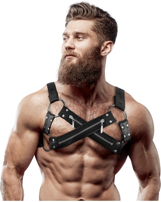 Fetish Submissive Attitude ADJUSTABLE NEOPRENE CROSS-OVER CHEST BULLDOG HARNESS WITH ZIPPERS FOR MEN