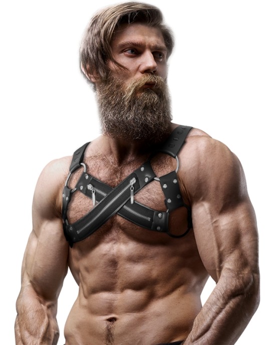 Fetish Submissive Attitude ADJUSTABLE NEOPRENE CROSS-OVER CHEST BULLDOG HARNESS WITH ZIPPERS FOR MEN