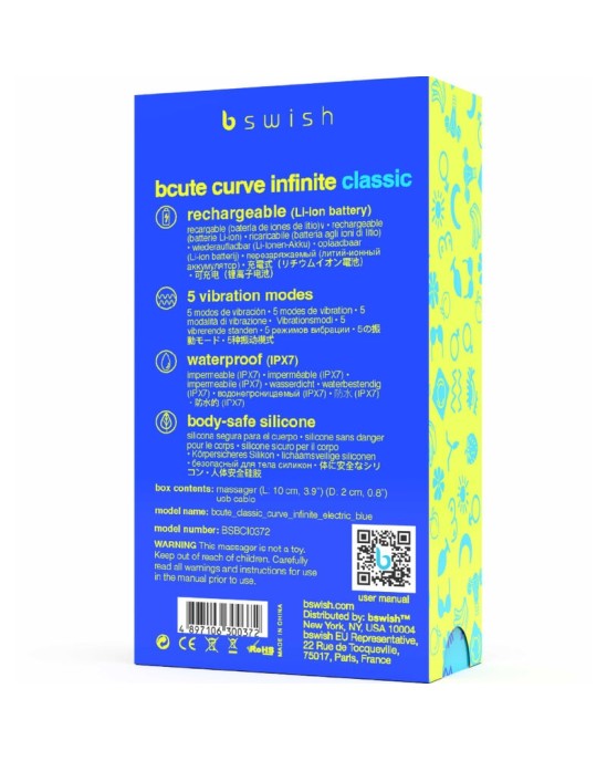 B Swish BCUTE CURVE БЕСКОНЕЧНЫЙ КЛАССИЧЕСКИЙ СИЛИКОНОВЫЙ АККУМУЛЯТОРНЫЙ ВИБРАТОР ЭЛЕКТРИЧЕСКИЙ СИНИЙ