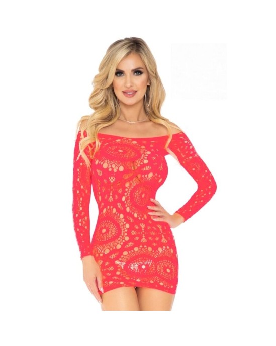 Leg Avenue Dresses LEG AVENUE CROCHET LACE LONG SLEEVE MINI DRESS CORAL ONE SIZE