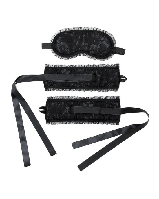 Bondage Play Rimba Bondage Satin Look Handcuffs with Mask Black