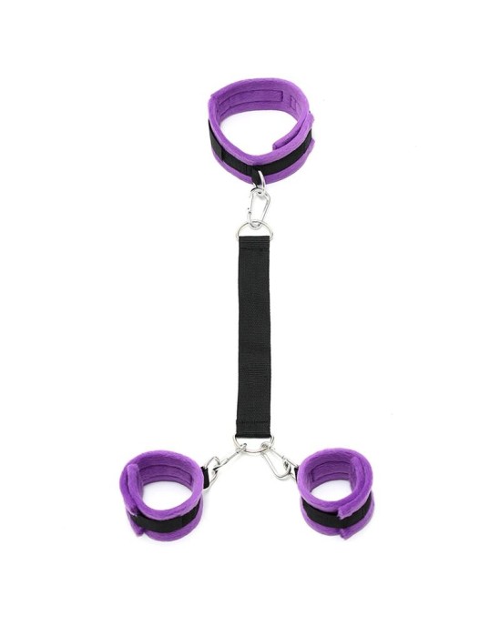 Bondage Play Handcuffs to Collar with Leash Adjustable Purple