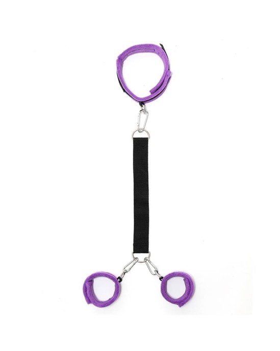 Bondage Play Handcuffs to Collar with Leash Adjustable Purple