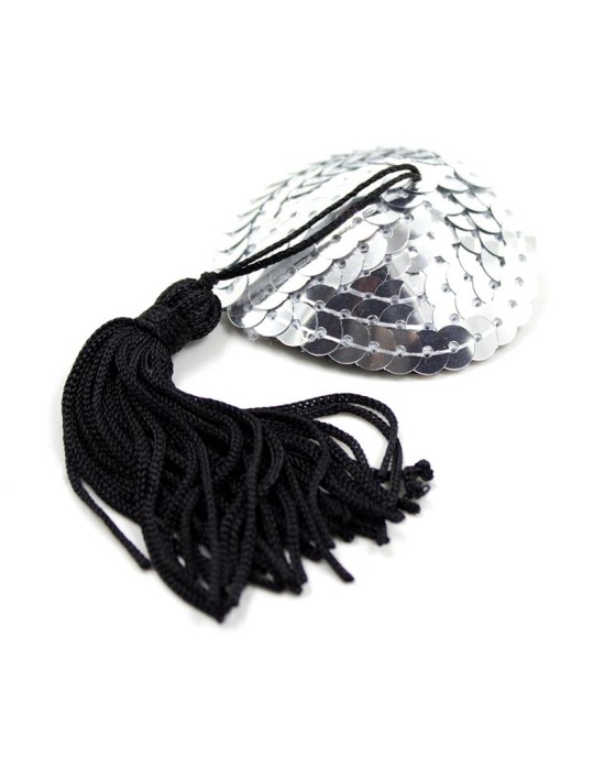 Latetobed Bdsm Line Self-Adhesive Heart Sequin Nipple Cover with Tassel Silver/Black