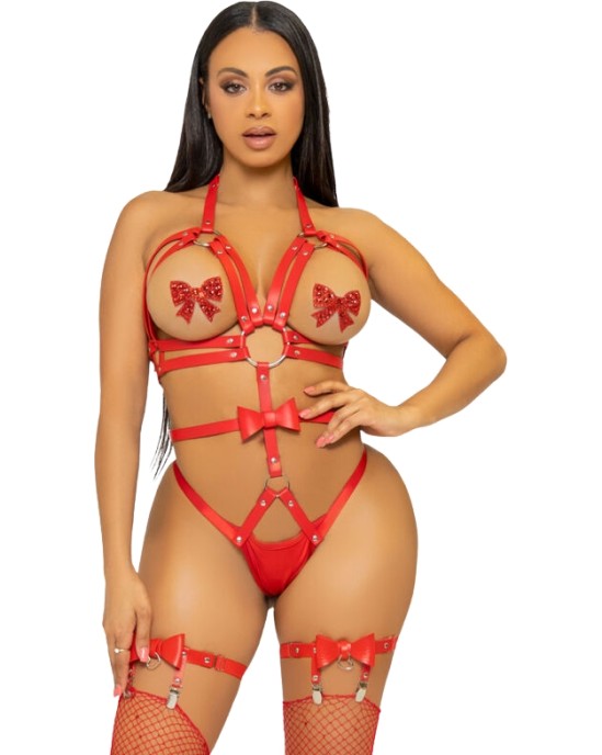 Leg Avenue Kink STUDDED O-RING HARNESS TEDDY SIZE L - RED