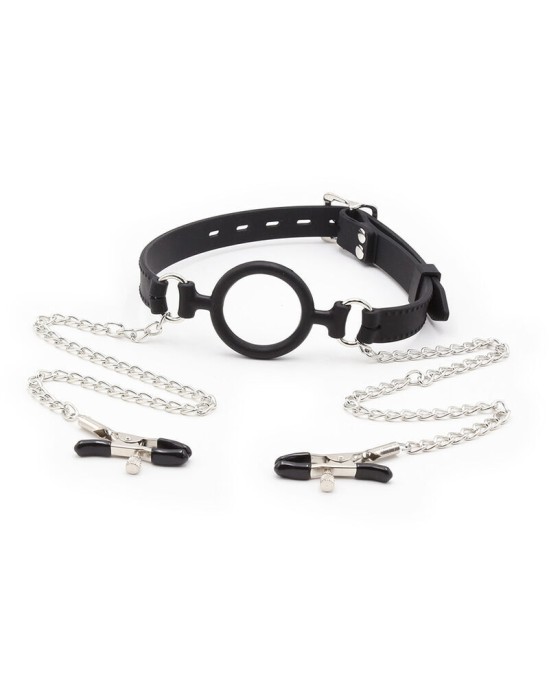 Ohmama Fetish RING GAG WITH CHAINS AND NIPPLE CLAMPS