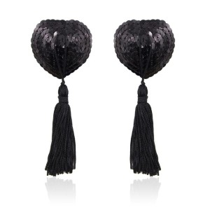 Latetobed Bdsm Line Self-Adhesive Heart Sequin Nipple Cover with Tassel Black