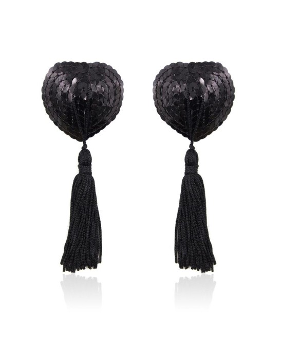 Latetobed Bdsm Line Self-Adhesive Heart Sequin Nipple Cover with Tassel Black