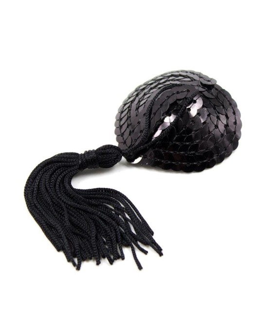 Latetobed Bdsm Line Self-Adhesive Heart Sequin Nipple Cover with Tassel Black