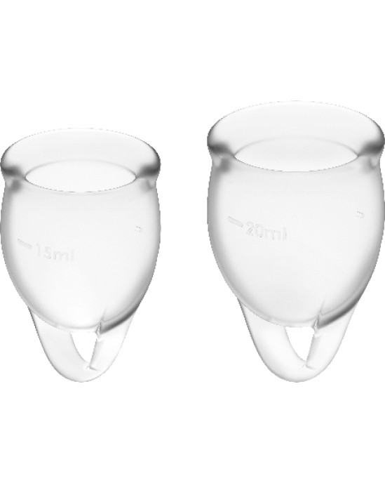 Satisfyer Menstrual Cups APMIERINĀTĀJA SAJŪTĪBA PĀRLIECINĀTA MENSTRUĀLĀ KAUSS CLEAR 15+20ML