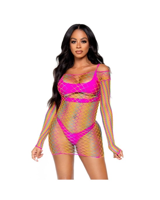 Leg Avenue Dresses LEG AVENUE NET LONG SLEEVED MINI DRESS ONE SIZE - MULTICOLOR