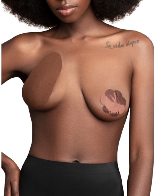 Bye Bra - Pull Ups BYE BRA BREAST LIFT PADS + 3 PAIRS OF SATIN NIPPLE COVERS - DARK BROWN SIZE A-C