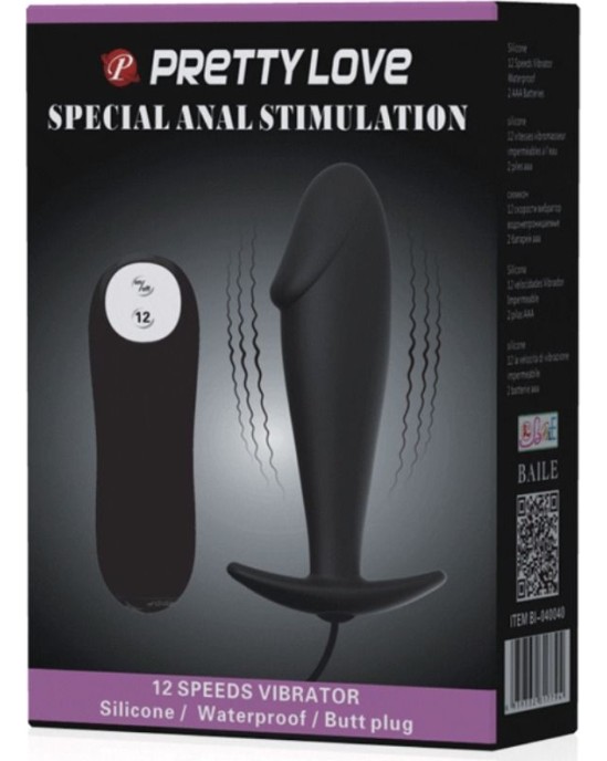 Pretty Love Bottom PRETTY LOVE SILIKONA ANĀLĀS PLŪZES DZIMKLĒJA FORMA UN 12 VIBRĀCIJAS REŽĪMI - MELNS