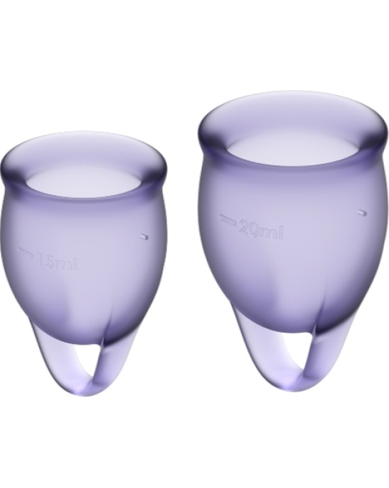 Satisfyer Menstrual Cups APMIERINĀTĀJS — JŪTIES PĀRLIECINĀTS MENSTRUĀLĀ KAUSS PURPULAIS 15 + 20 ML