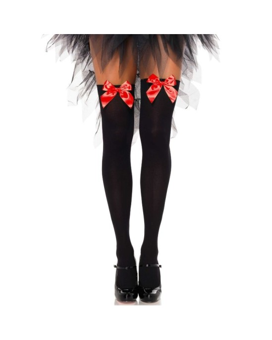 Leg Avenue Hosiery LEG AVENUE BLACK NYLON THIGH HIGHS WITH RED BOW ONE SIZE