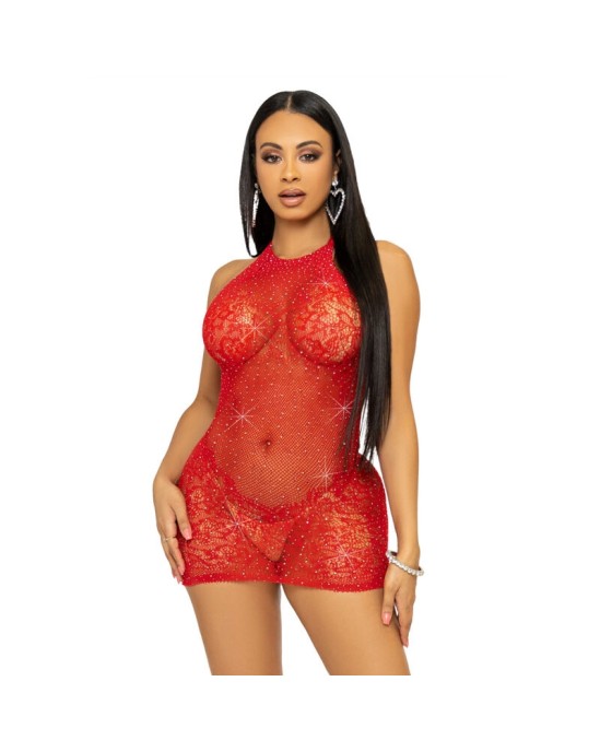 Leg Avenue Dresses LEG AVENUE RHINESTONE HALTER MINI DRESS ONE SIZE - RED