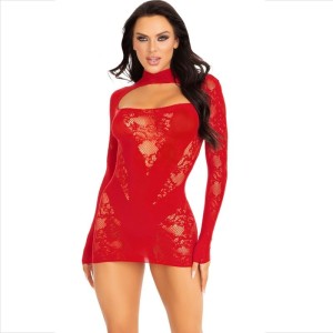 Leg Avenue Dresses LEG AVENUE - MINI DRESS WITH LACE LONG SLEEVE RED