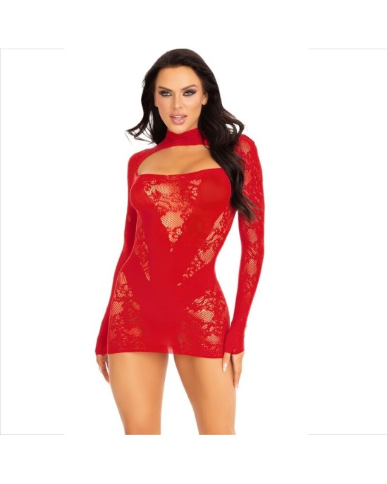 Leg Avenue Dresses LEG AVENUE - MINI DRESS WITH LACE LONG SLEEVE RED