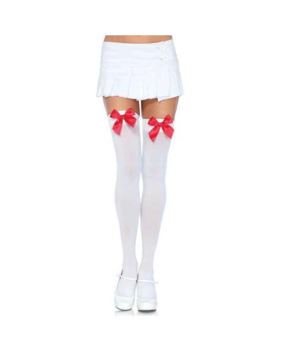 Leg Avenue Hosiery LEG AVENUE NYLON THIGH HIGHS WITH BOW WHITE / RED