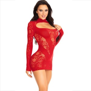 Leg Avenue Dresses LEG AVENUE - MINI DRESS WITH LACE LONG SLEEVE RED