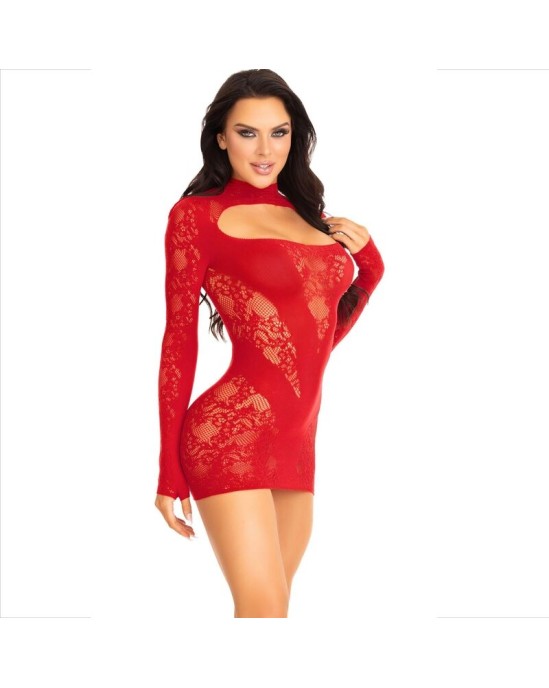 Leg Avenue Dresses LEG AVENUE - MINI DRESS WITH LACE LONG SLEEVE RED