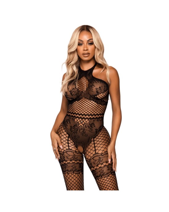 Leg Avenue Bodystockings LEG AVENUE NET HALTER BODYSTOCKING VIENS IZMĒRS - MELNS