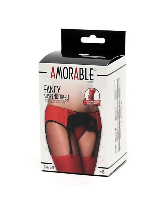 Amorable Garter Belt with Thong and Stockings Black and Red