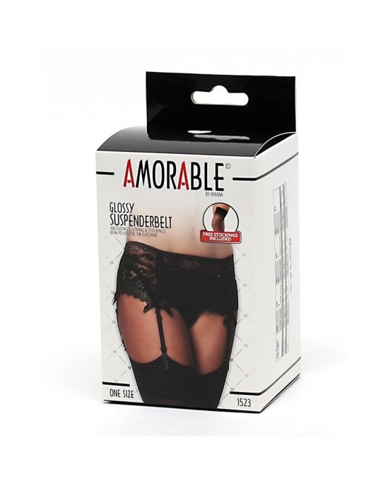 Amorable Garter Belt with Thong and Stockings Black