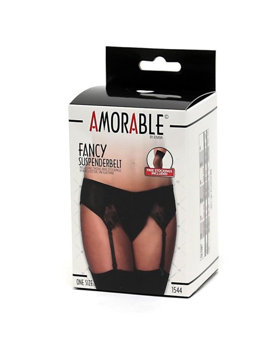 Amorable Garter Belt with Thong and Stockings Black