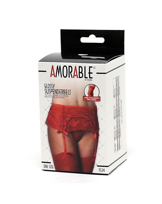 Amorable Garter Belt with Thong and Stockings Red