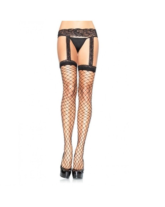 Leg Avenue Hosiery LEG AVENUE - FISHNET STOCKINGS WITH BLACK LACE GARTER GARTER