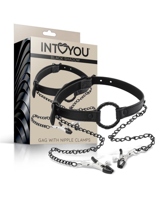 Intoyou Black Shadow O Ring Gag un Nipple Clamps Vegan Leather