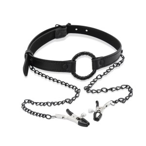 Intoyou Black Shadow O Ring Gag un Nipple Clamps Vegan Leather