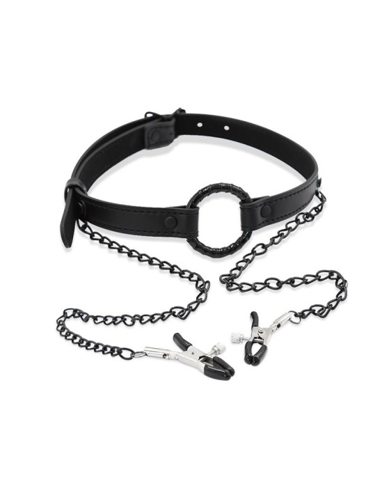 Intoyou Black Shadow O Ring Gag un Nipple Clamps Vegan Leather