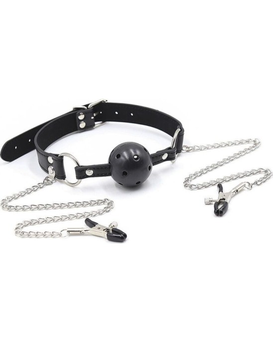 Ohmama Fetish BALL GAG WITH VENTS AND NIPPLE CLAMPS