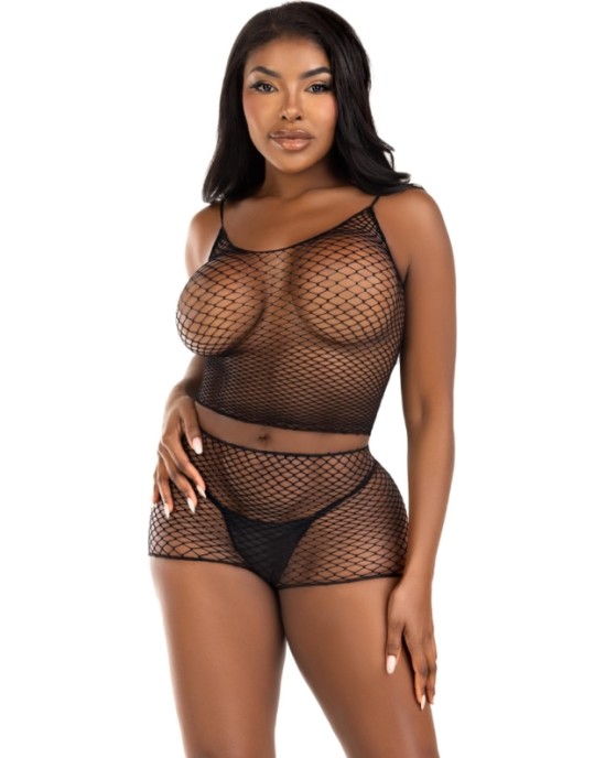 Leg Avenue Sets LEG AVENUE - T-SHIRT & PANTS SET FISHNET BLACK